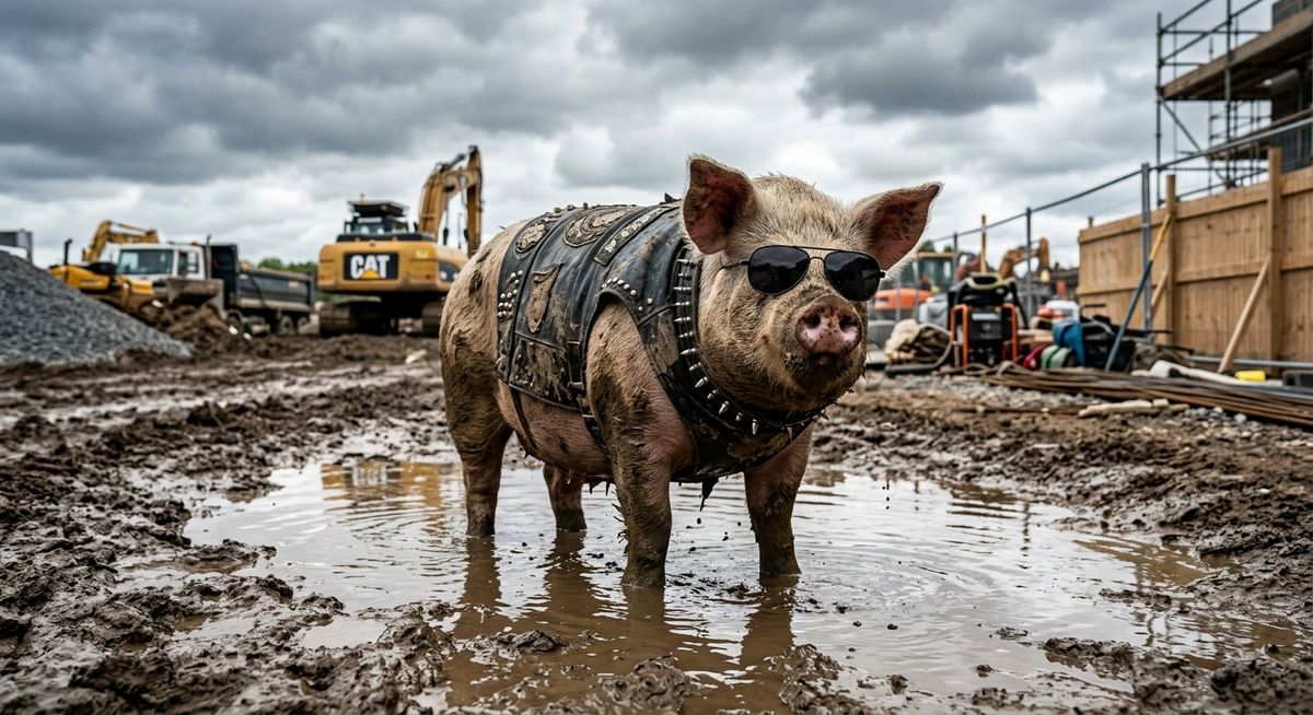 Mad Mud pig mascot in leather gear