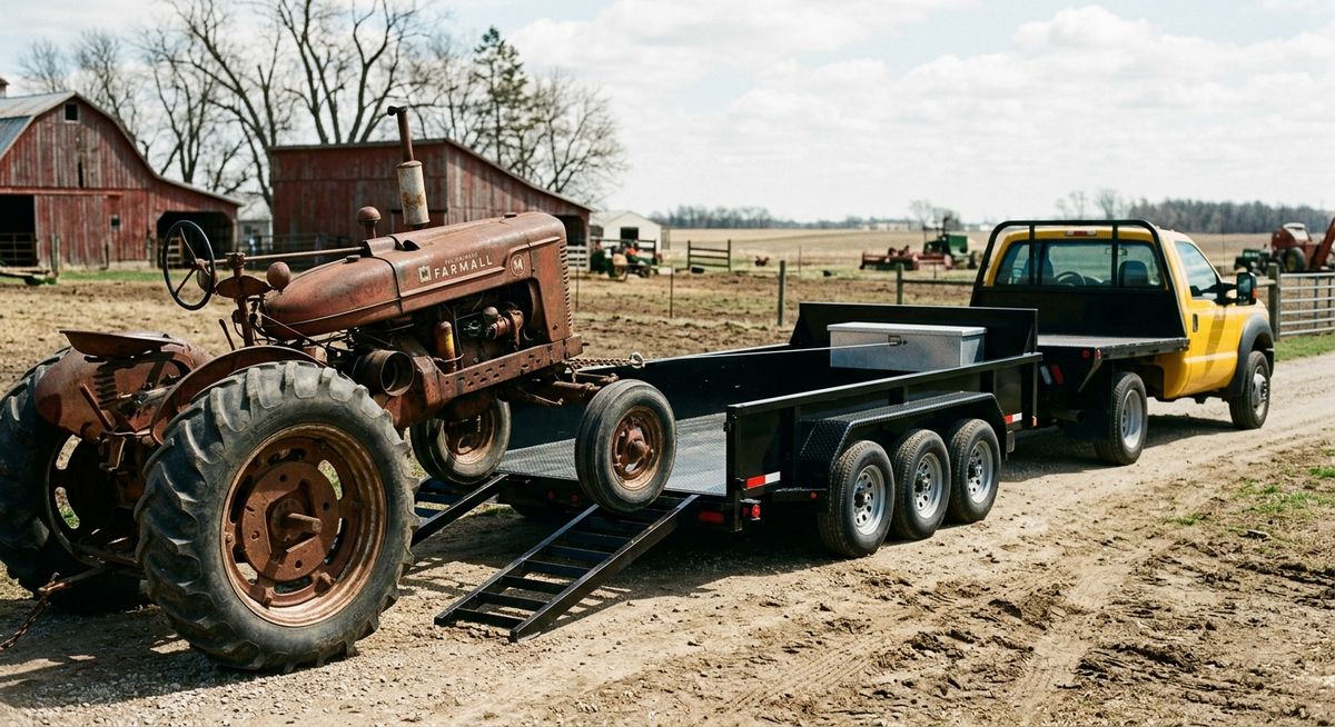 Farm tractor being winched up the rear ramps onto the dump trailer