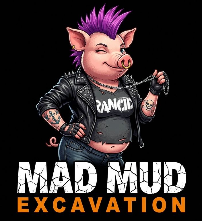 Mad Mud punk queen pig with purple mohawk and Rancid shirt